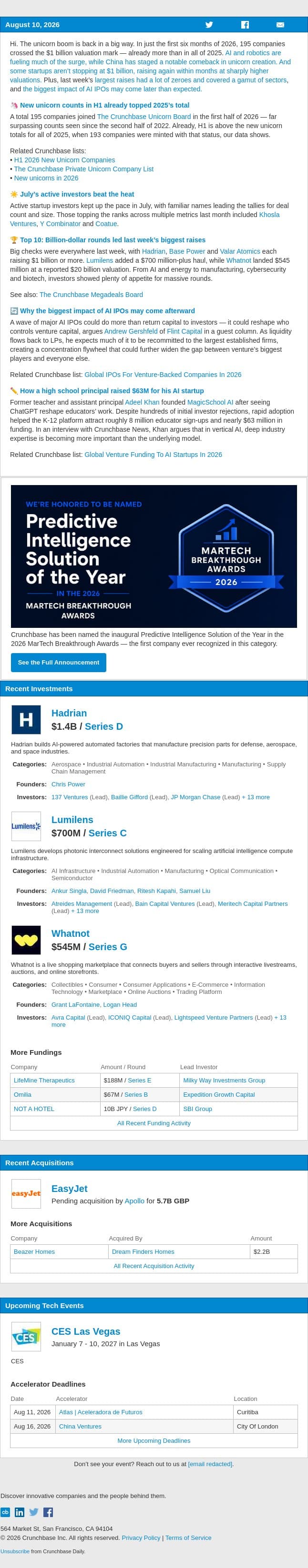 H1 unicorn count eclipses full year 2025 email from Crunchbase screenshot