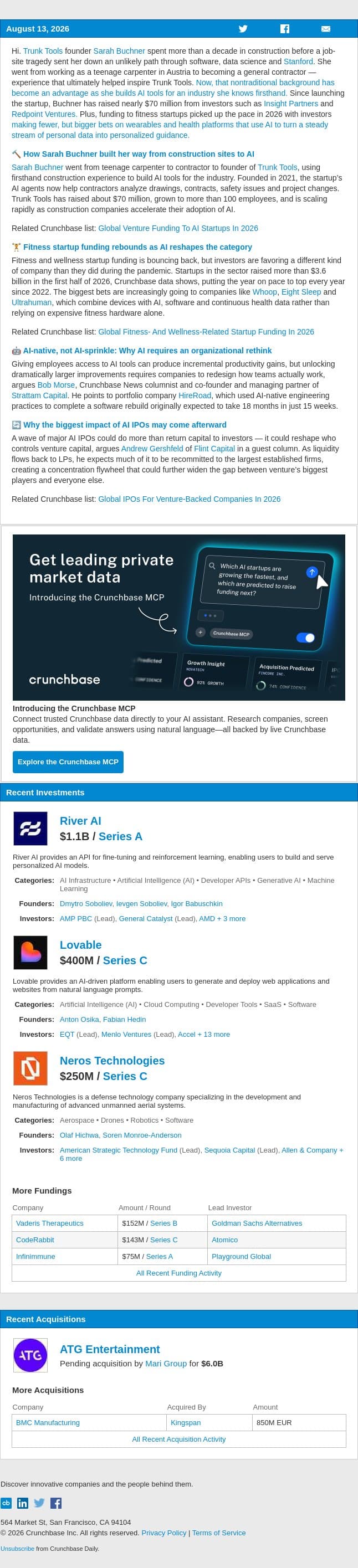 How a carpenter-turned-founder raised $70M email from Crunchbase screenshot