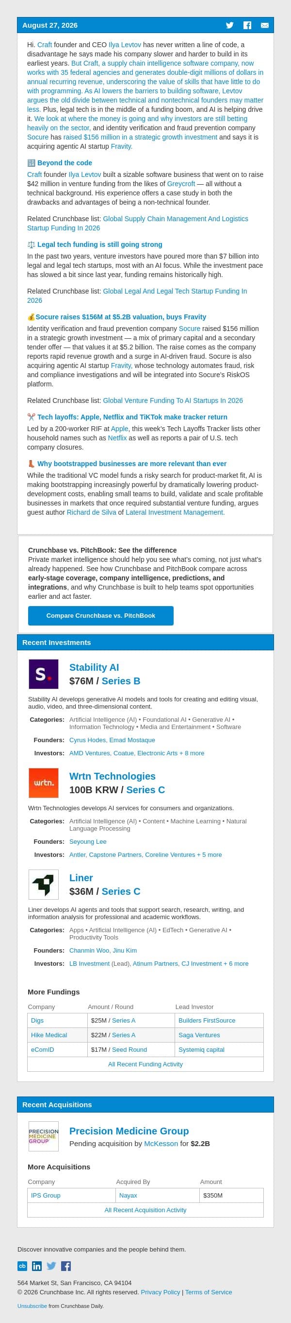 From cellist to startup founder email from Crunchbase screenshot