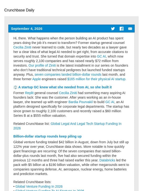 The general counsel who became an AI founder email from Crunchbase