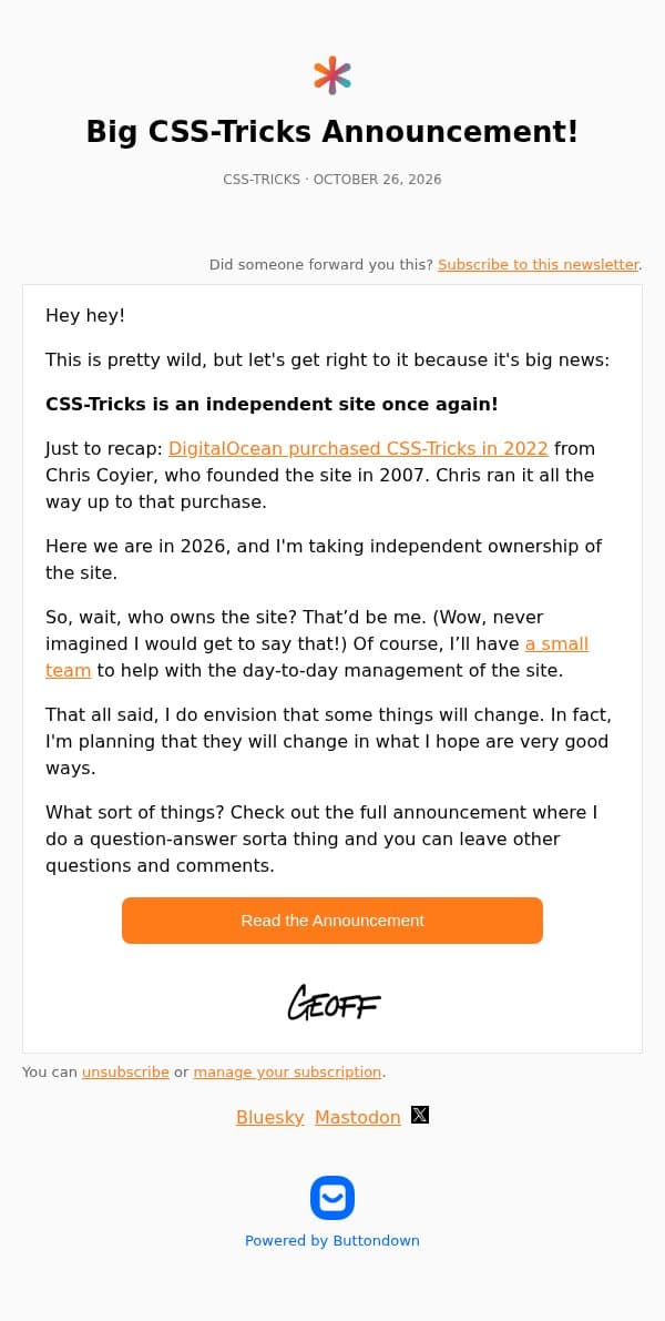 Big CSS-Tricks Announcement! email from CSS-Tricks screenshot