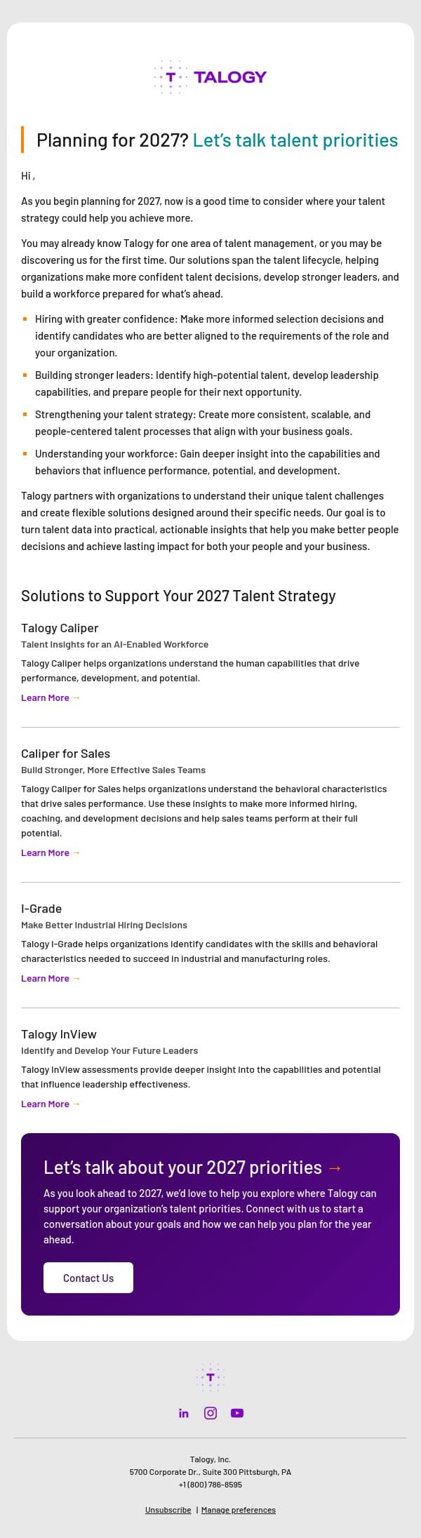 Planning for 2027? Let’s talk talent priorities email from Cubiks screenshot