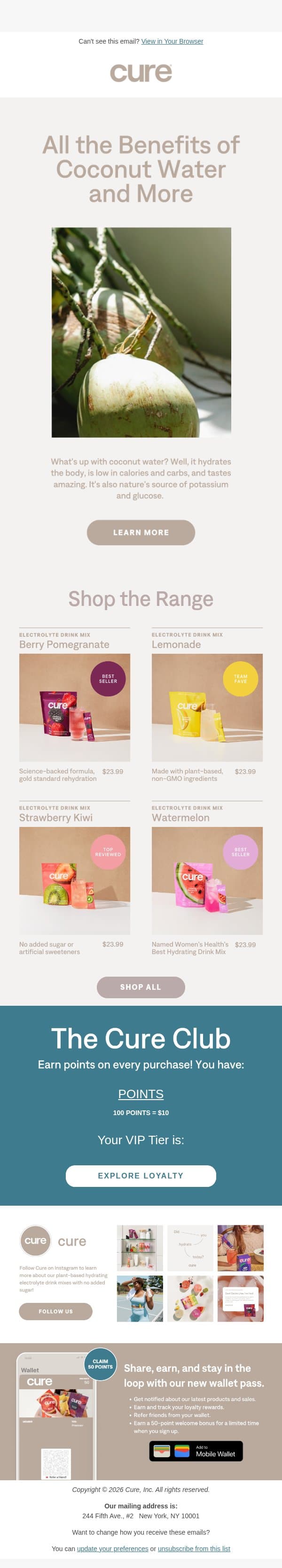 Why we use coconut water powder email from Cure Hydration screenshot
