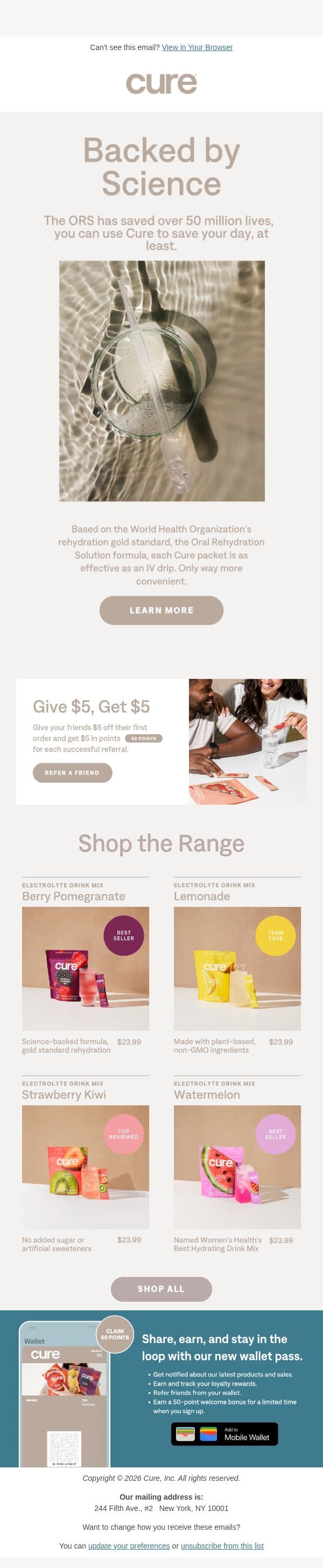 The only hydration brand backed by science email from Cure Hydration screenshot