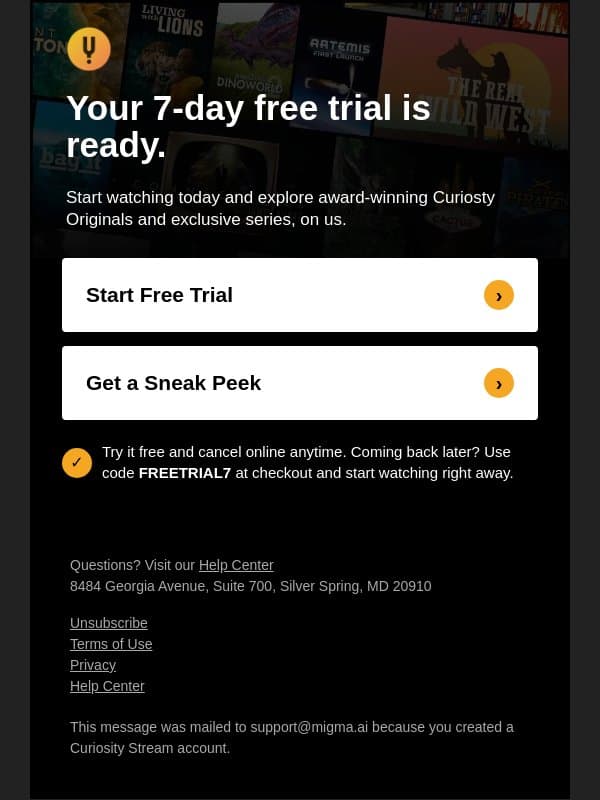 Finish Setting Up Your Free Trial π email from CuriosityStream screenshot