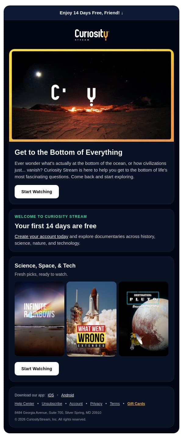 Try Curiosity Stream Free ๐ email from CuriosityStream screenshot