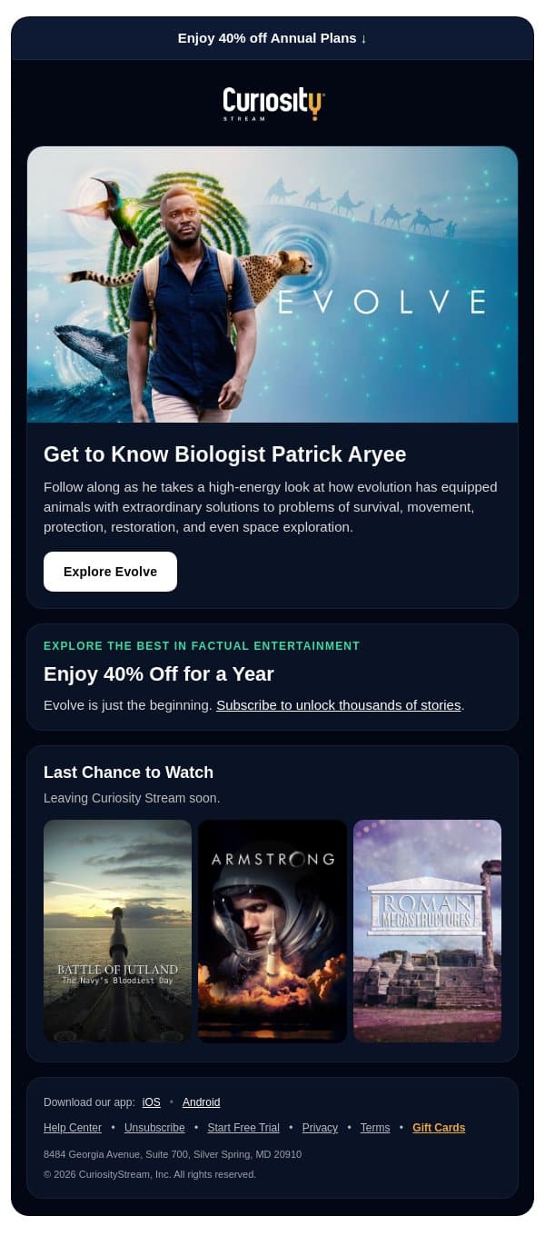 Save 40% for a YEAR 💡 email from CuriosityStream screenshot