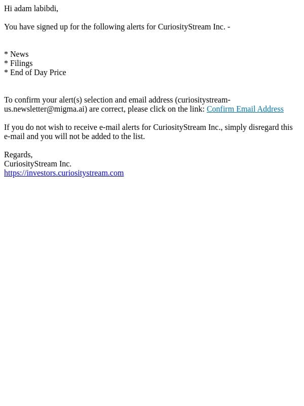 CuriosityStream Inc. Investor Relations - Validate Account email from CuriosityStream screenshot