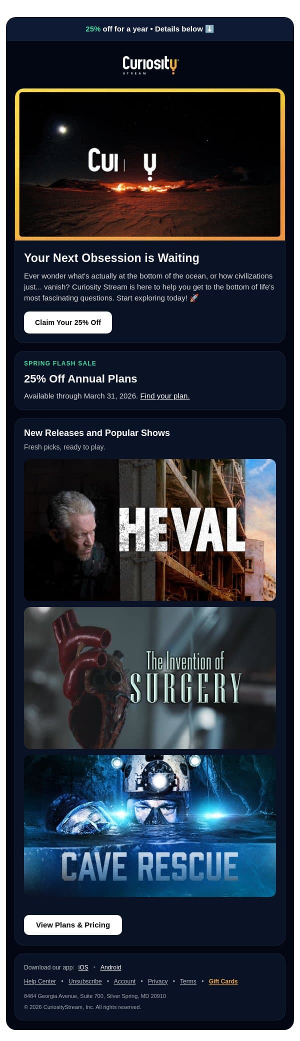 Psst... 25% off ends 3/31 ⏲️ email from CuriosityStream screenshot