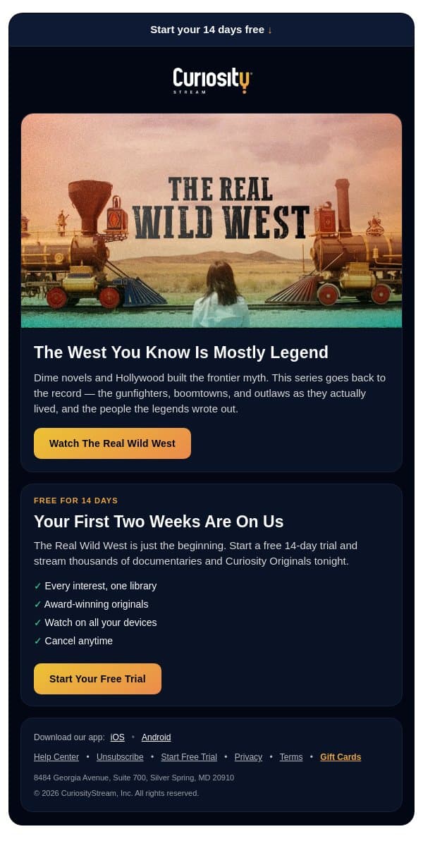 🍿 Watch Curiosity Stream FREE email from CuriosityStream screenshot