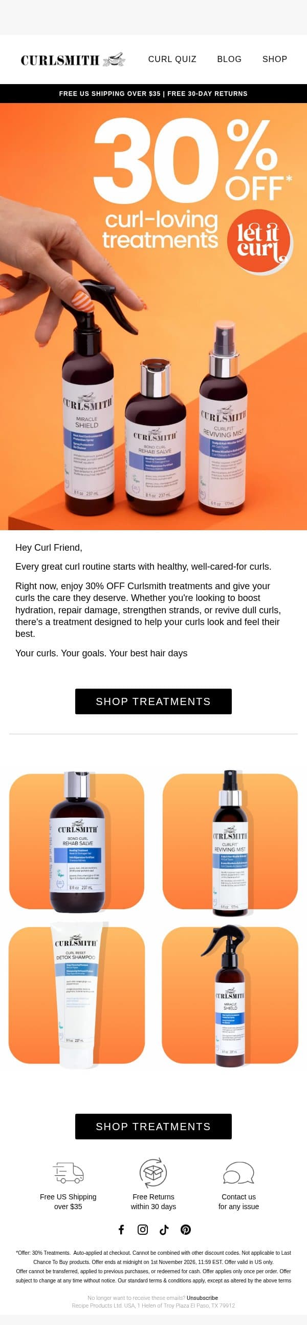 Let It Curl: 30% Off All Treatments email from Curlsmith screenshot