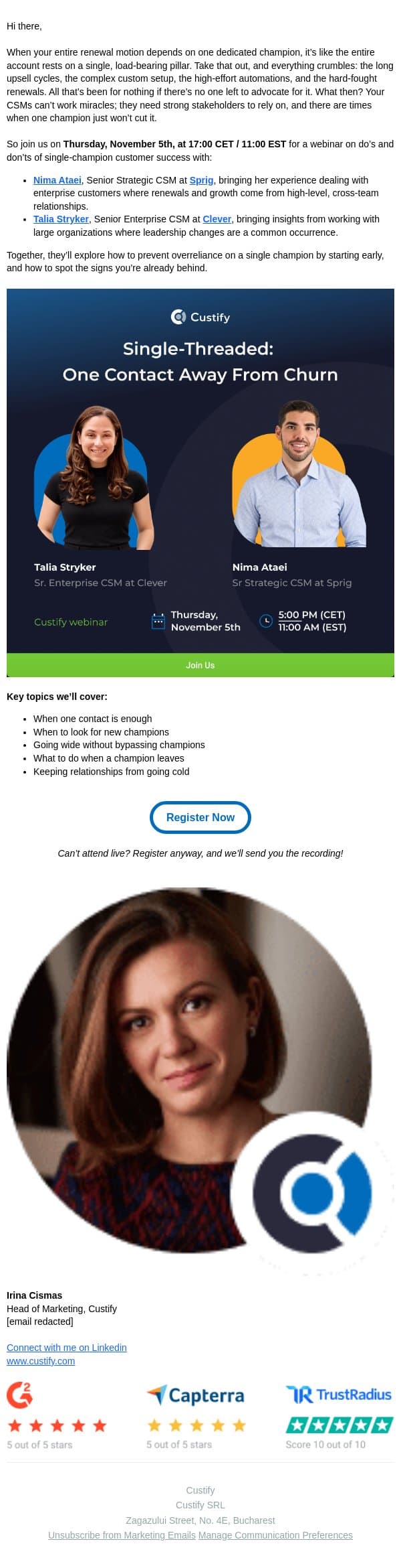 One Contact Away from Churn email from Custify screenshot