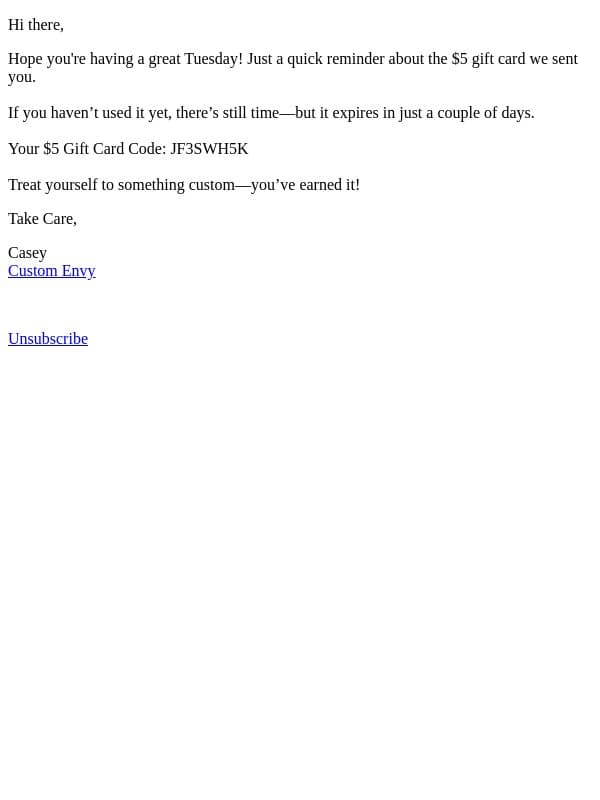 RE: Gift Card Expiring email from Custom Envy screenshot