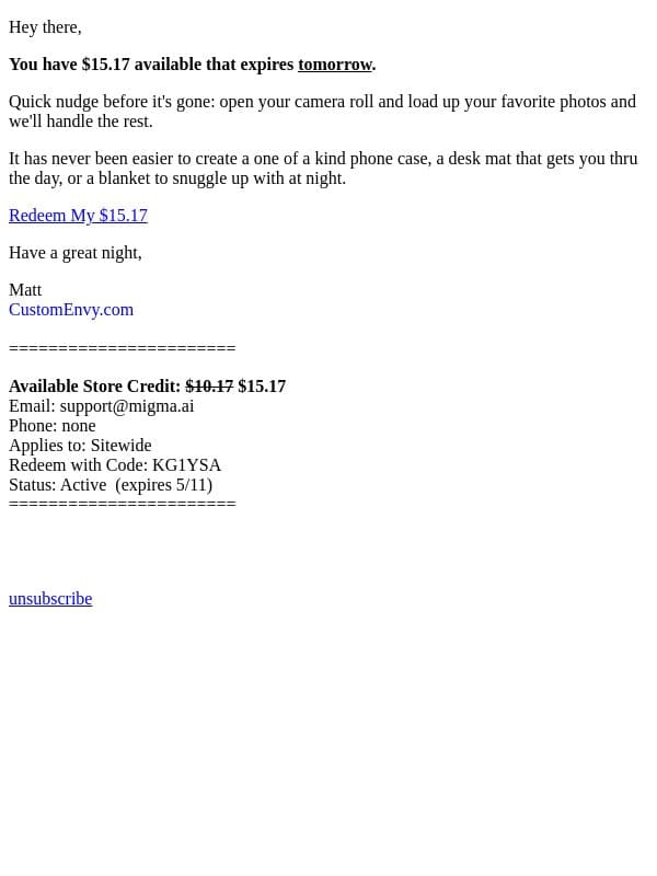$15.17 Store Credit Expiring email from Custom Envy screenshot