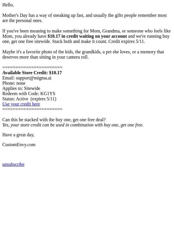 You still have credit waiting email from Custom Envy screenshot