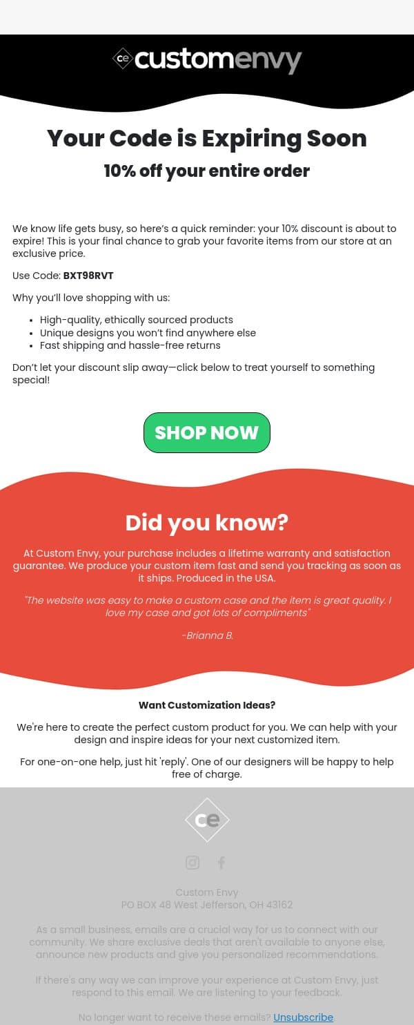 your code is expiring email from Custom Envy screenshot