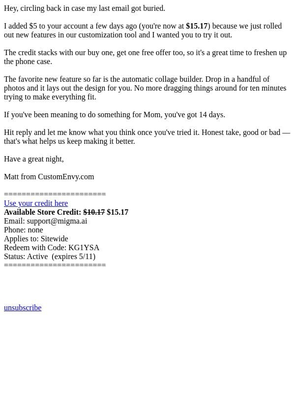 Your Store Credit (quick note) email from Custom Envy screenshot