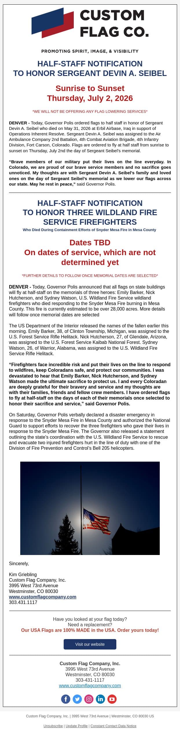 Half Staff Notification for Sergeant Devin A. Seibel email from Custom Flag Co screenshot