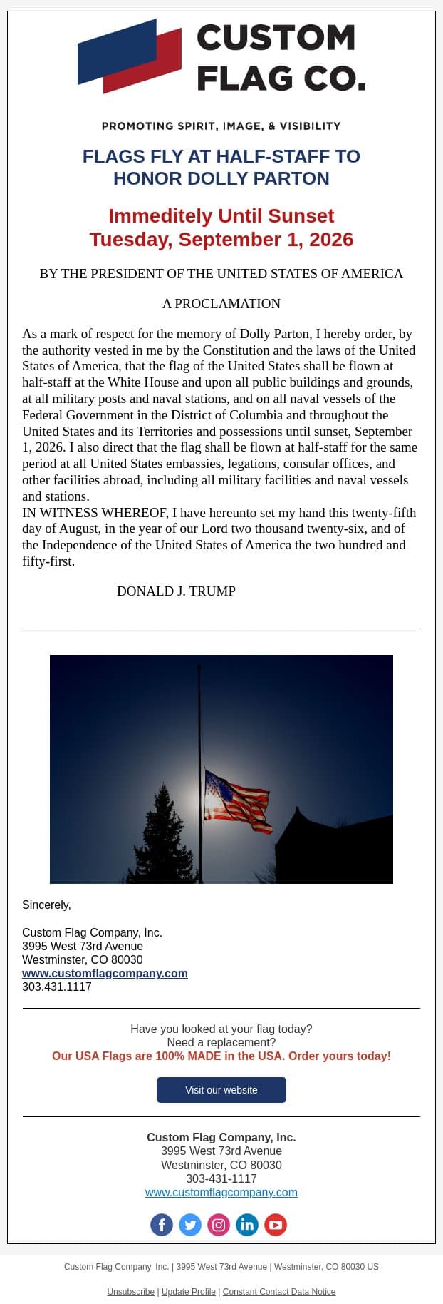 Half Staff Notification for Dolly Parton email from Custom Flag Co screenshot