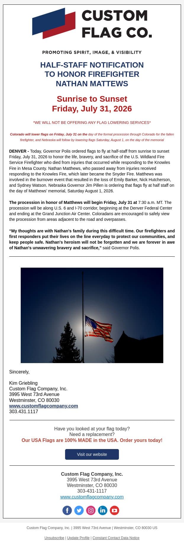 Half Staff Notification for Firefighter Nathan Matthews email from Custom Flag Co screenshot
