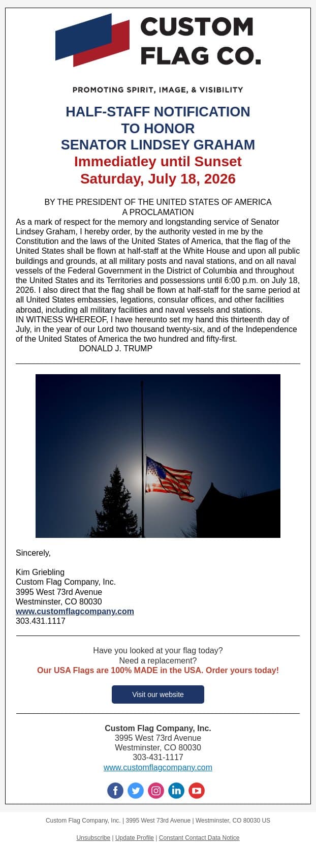 Half Staff Notification for Senator Lindsey Graham email from Custom Flag Co screenshot