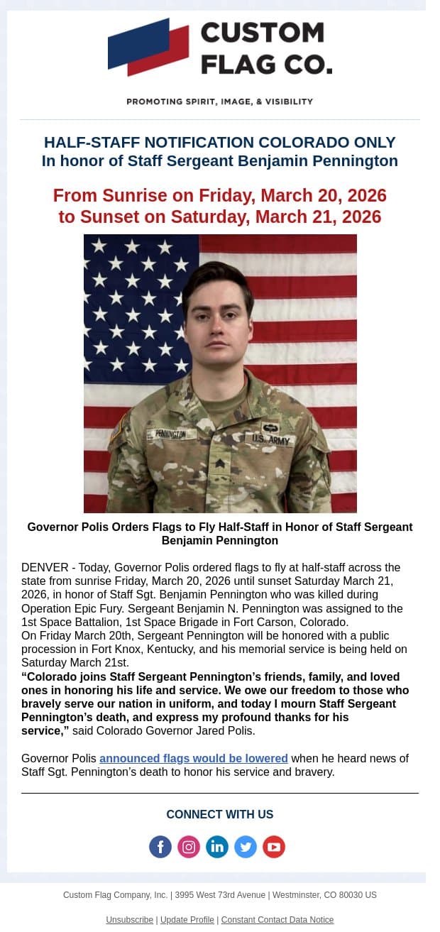 Colorado Half Staff Notification Honoring Benjamin Pennington email from Custom Flag Co screenshot