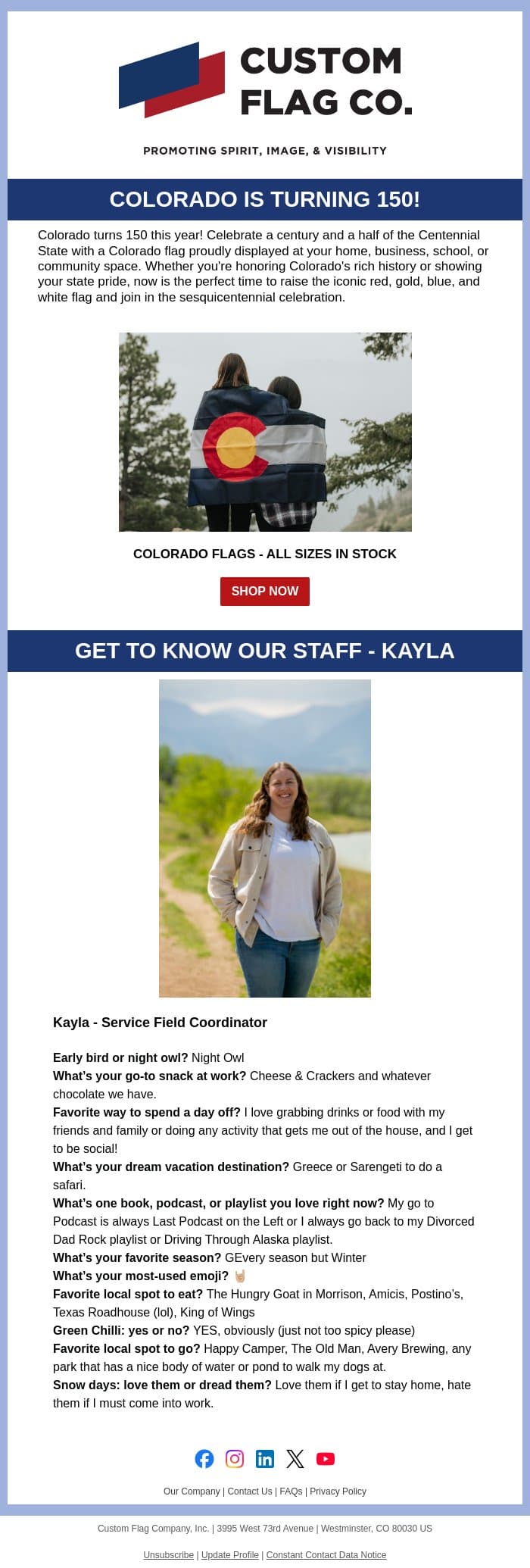 Colorado is Turning 150! email from Custom Flag Co screenshot