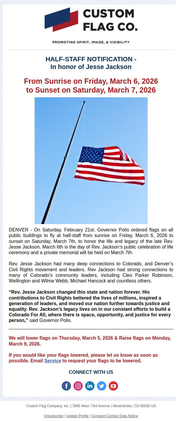 Half Staff Notification Honoring Jesse Jackson email from Custom Flag Co screenshot