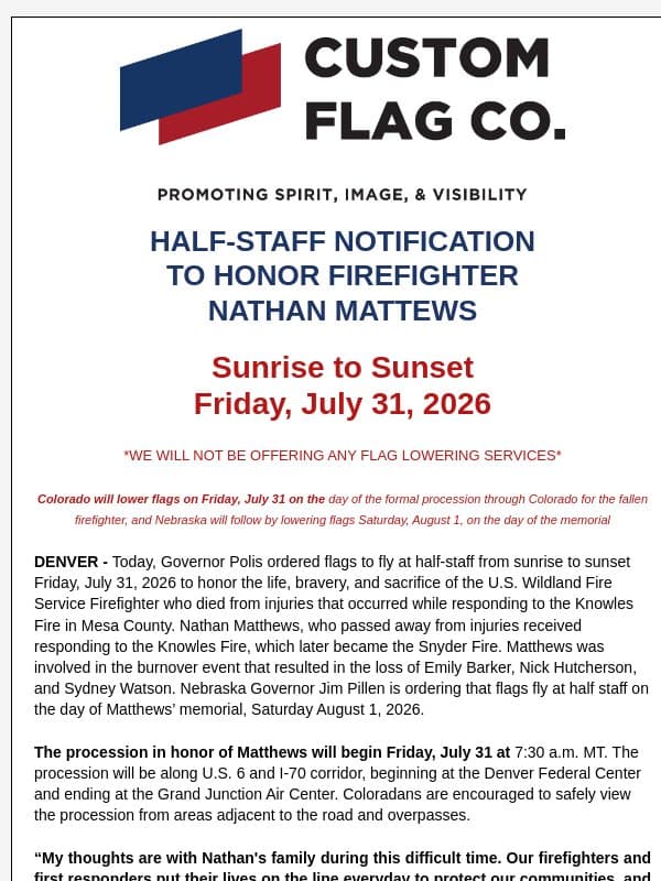 Half Staff Notification for Firefighter Nathan Matthews email from Custom Flag Co