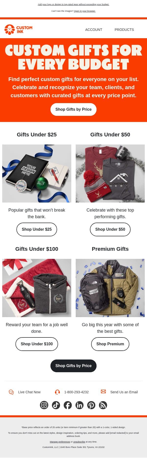 Starting under $25: Custom gifts they’ll actually use email from Custom Ink screenshot