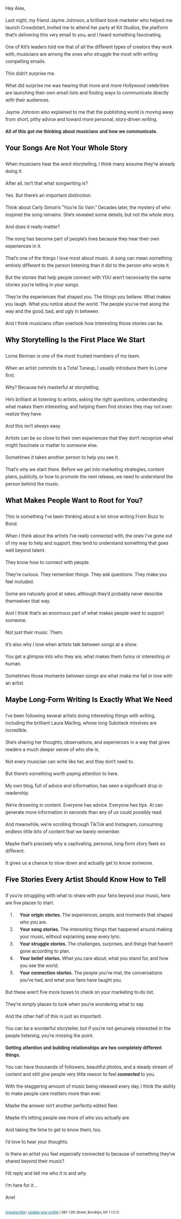 Your Songs Aren’t the Only Stories You Have to Tell email from Cyber PR screenshot