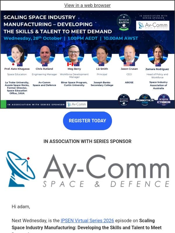 Next Wednesday - Scaling Space Industry Manufacturing - Developing the Skills and Talent to Meet Demand email from Cyber Risk Leaders