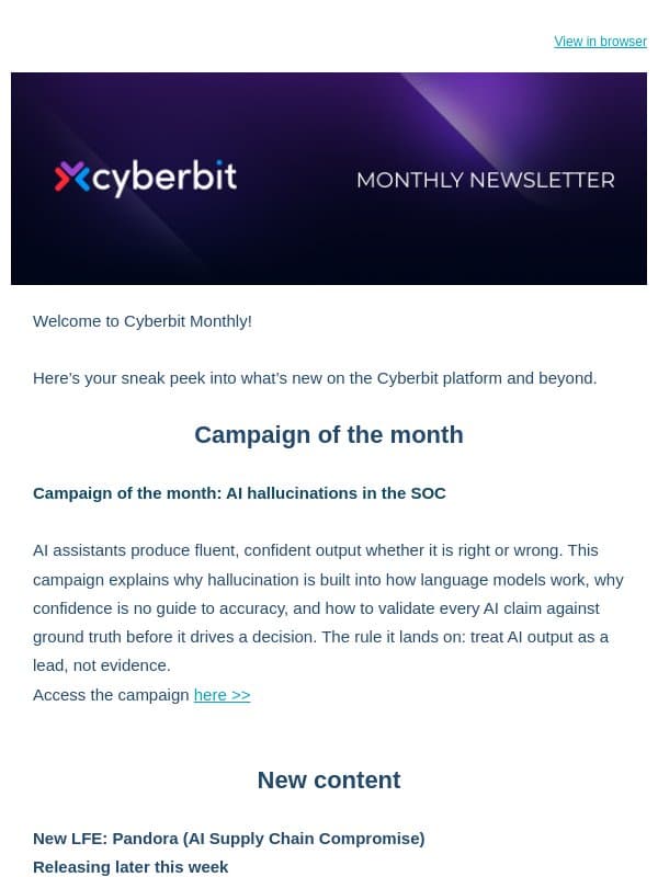 Cyberbit Monthly: AI supply chain LFE, hallucinations in the SOC, and new modules on the AI courses email from Cyberbit