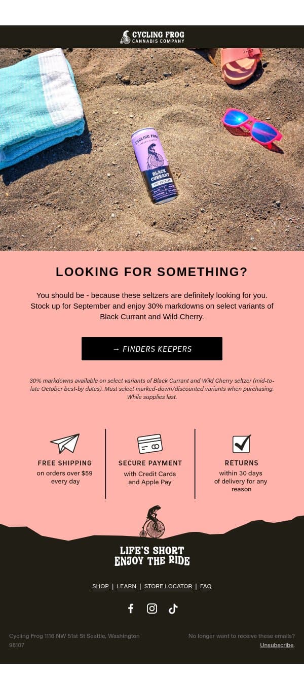 Supercharged Seltzer Savings email from Cycling Frog screenshot