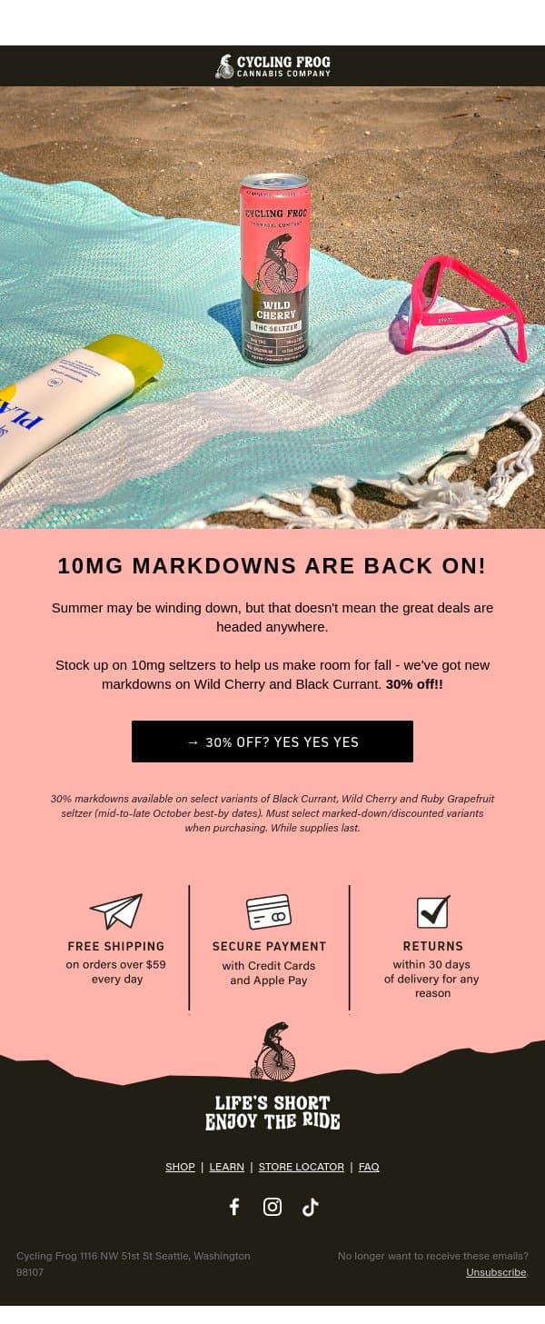 Markdowns on 10mg Wild Cherry and Black Currant email from Cycling Frog screenshot