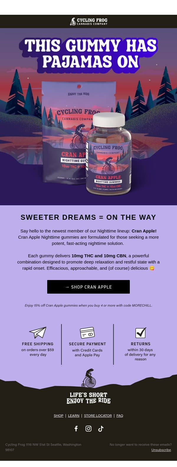 We've got NEW nighttime gummies 🤫👀 email from Cycling Frog screenshot