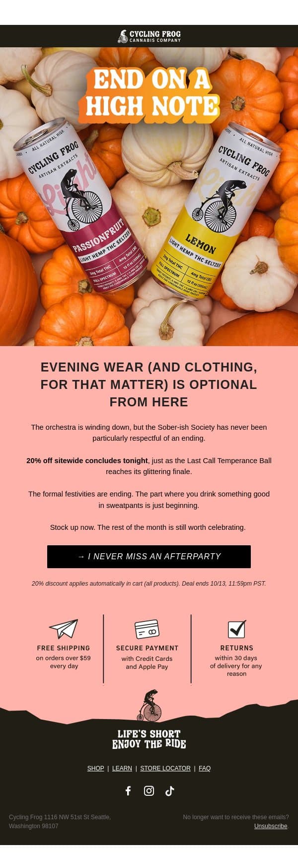 20% off is headed for coat check email from Cycling Frog screenshot