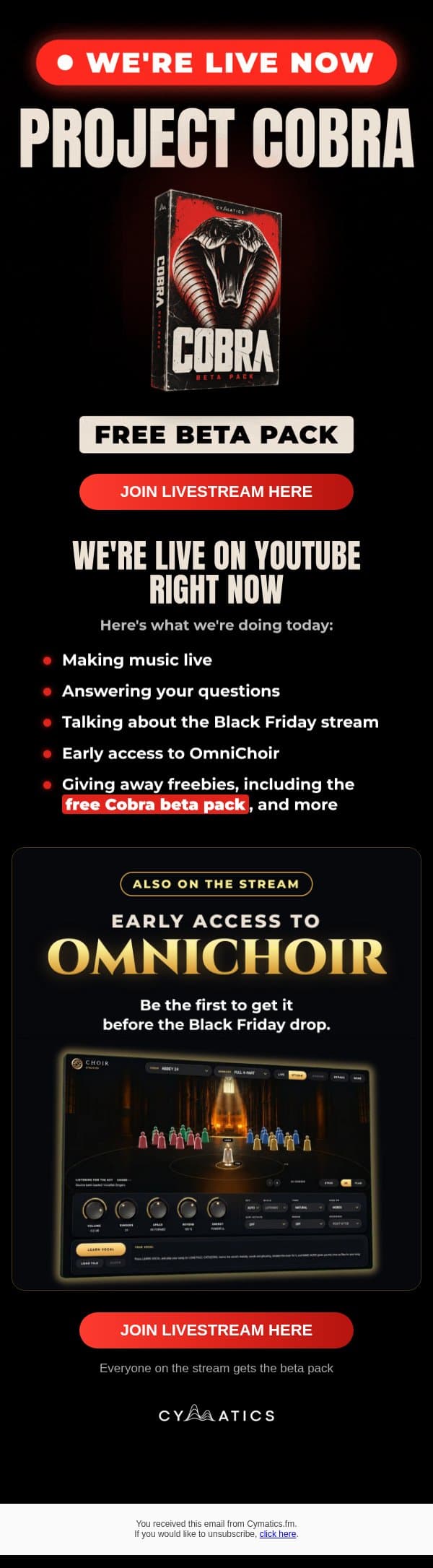 *system alert: YouTube live stream is starting 🔴 email from Cymatics screenshot