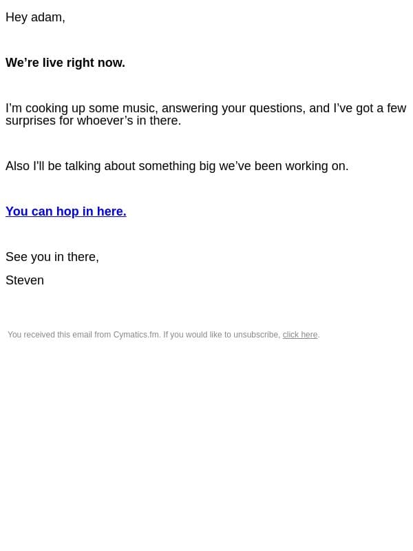 Big news + live studio session email from Cymatics screenshot