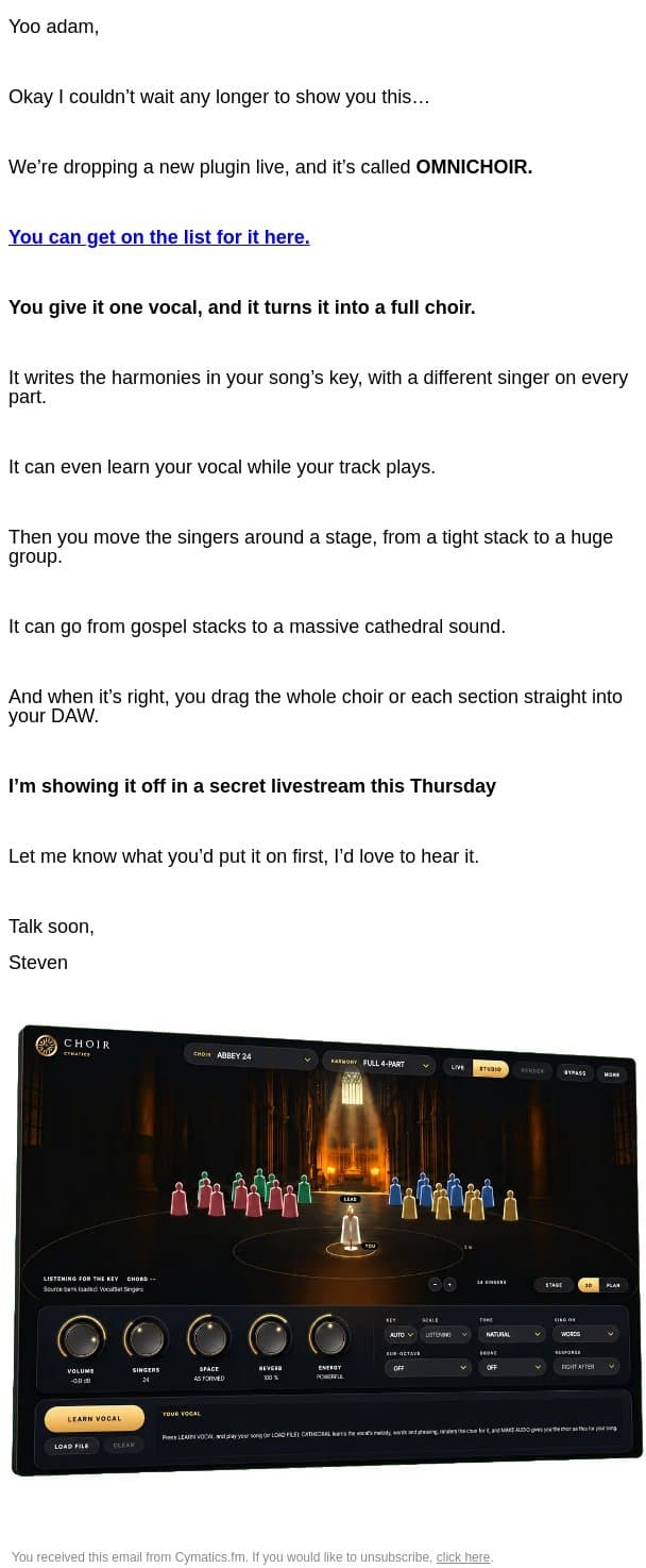 your DAW has backup singers now email from Cymatics screenshot