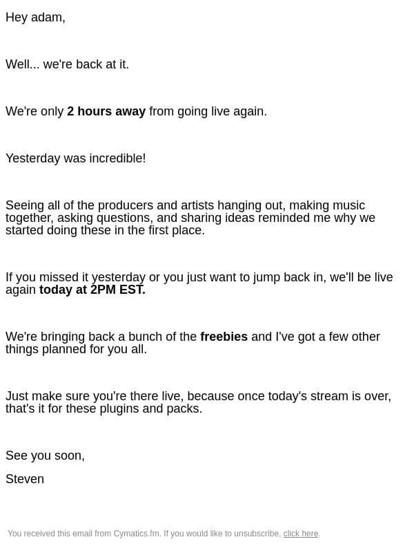 If you missed it yesterday... you have 2 hours email from Cymatics screenshot
