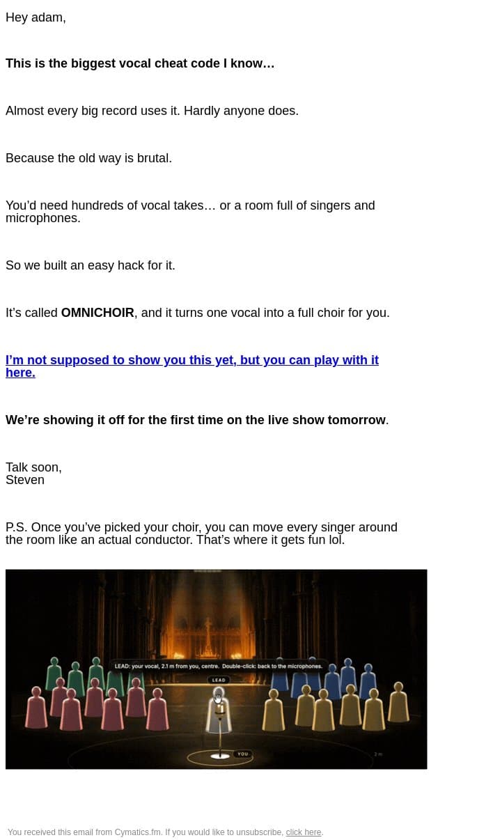 your track has 64 backup singers now. email from Cymatics screenshot