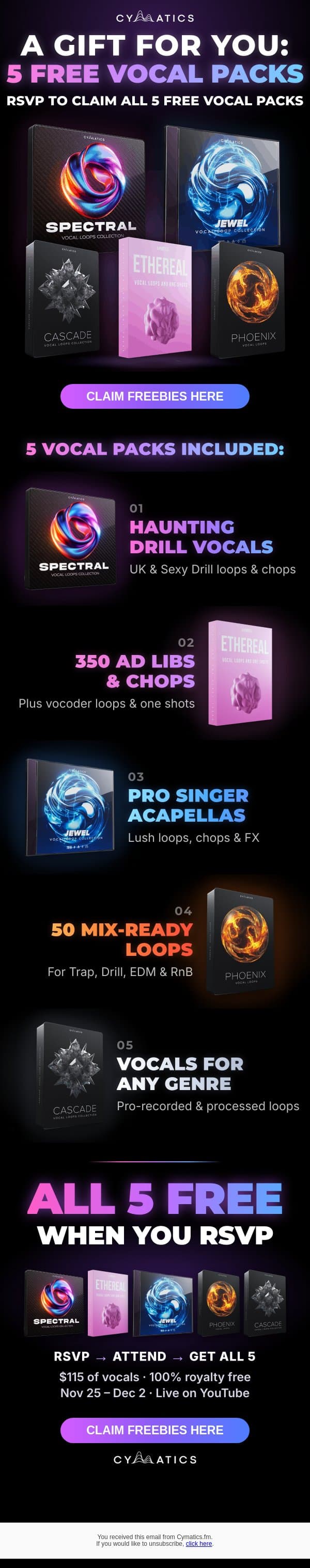 5 vocal packs just unlocked email from Cymatics screenshot