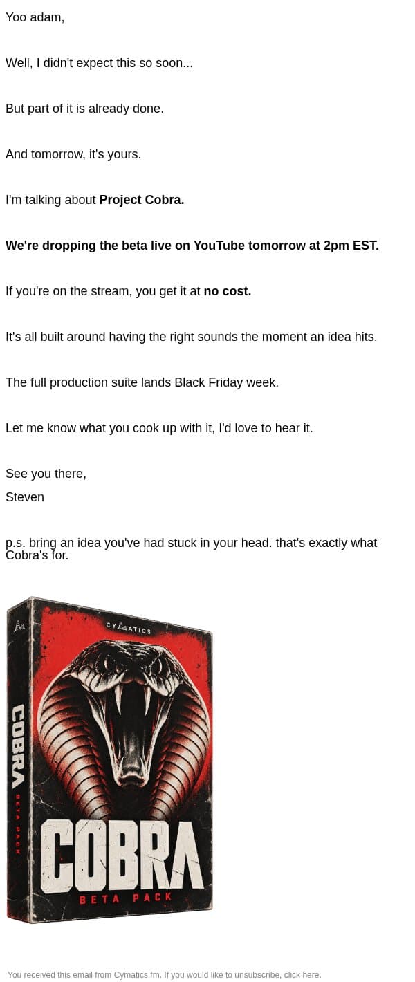 first access to Project Cobra tomorrow. email from Cymatics screenshot