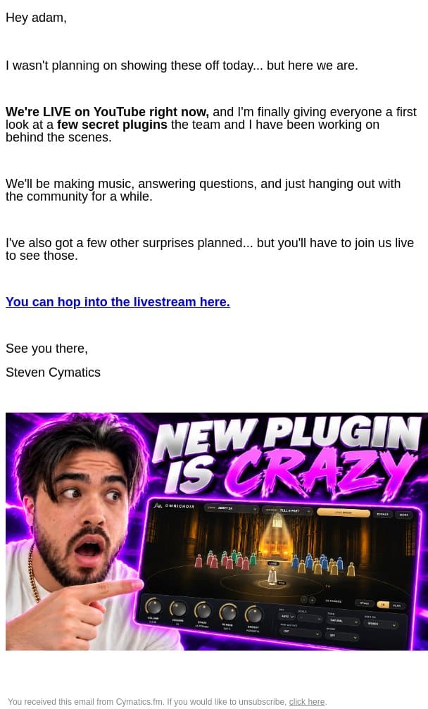 *system alert: YouTube live stream starting now π΄ email from Cymatics screenshot