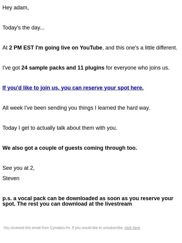 *live alert: YouTube stream starts at 2PM email from Cymatics