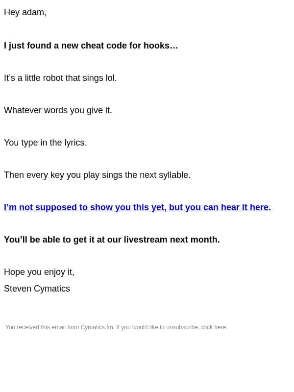 *system alert: new robot singing plugin preview email from Cymatics