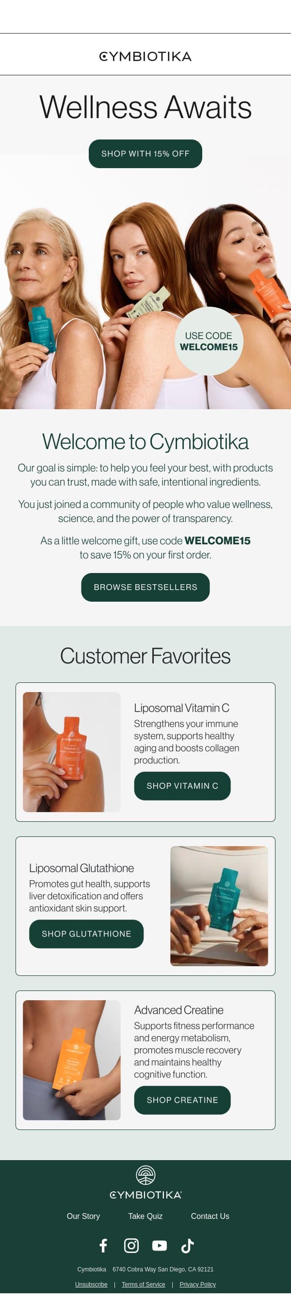 Welcome 🌱 Here's 15% off your first order email from Cymbiotika screenshot