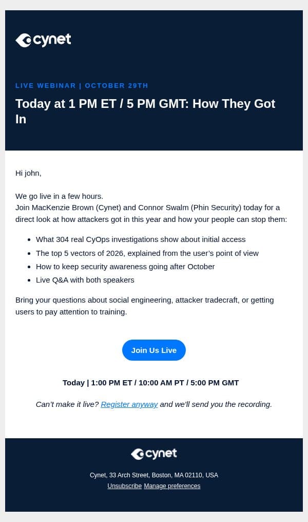 Today at 1 PM ET / 5 PM GMT: How They Got In email from Cynet screenshot