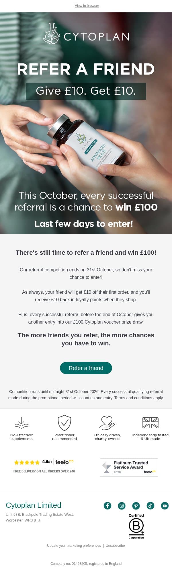 Just days left to win £100! 👀 email from Cytoplan screenshot